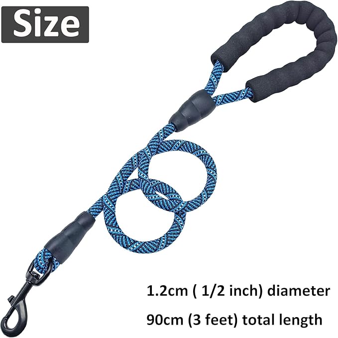MayPaw 3FT Heavy Duty Rope Dog Leash, 6/8/10/12/15/20/30 FT Long Dog Lead Nylon Pet Leash, Soft Padded Handle Thick Lead Training Leashes for Large Medium Dogs (3ft * 1/2", Blue Black)