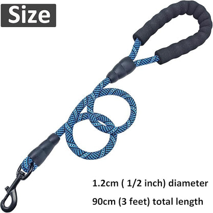 MayPaw 3FT Heavy Duty Rope Dog Leash, 6/8/10/12/15/20/30 FT Long Dog Lead Nylon Pet Leash, Soft Padded Handle Thick Lead Training Leashes for Large Medium Dogs (3ft * 1/2", Blue Black)