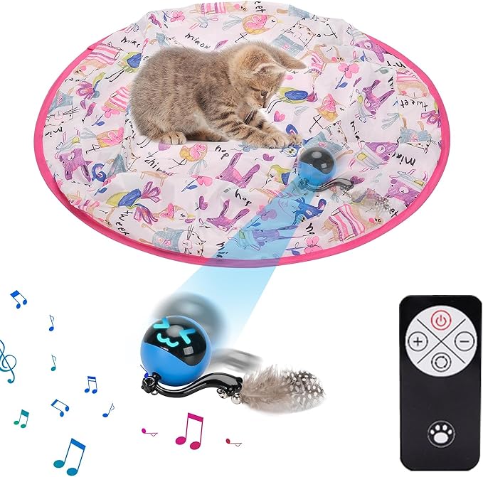 Remote Control Hunting Cat Toy, Rolling Ball Under Cover with Bird Chirp and LED, USB Rechargeable, Interactive Indoor Exercise Toy for Bored and Overweight Cats Mouse Game Pink+Blue