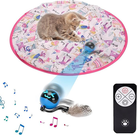 Remote Control Hunting Cat Toy, Rolling Ball Under Cover with Bird Chirp and LED, USB Rechargeable, Interactive Indoor Exercise Toy for Bored and Overweight Cats Mouse Game Pink+Blue
