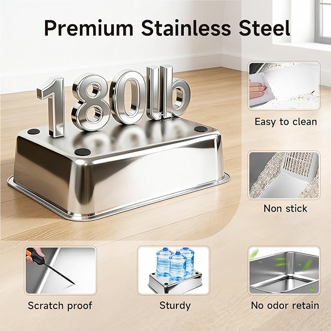 Extra Large Stainless Steel Litter Box with Lid, High Sided Enclosed Metal Cat Litter Pan, Dog Proof Front Entry Top Exit, Odor Control Easy Clean Leak Proof, Includes Mat, Scoop & Step, Grey