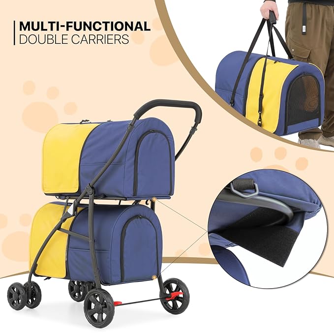 MoNiBloom Double Dog Stroller with Detachable Carrier Bags Large 4 Wheels Foldable Jogger for Small and Medium Dog Cats, Navy Blue/Yellow