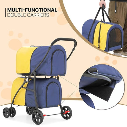 MoNiBloom Double Dog Stroller with Detachable Carrier Bags Large 4 Wheels Foldable Jogger for Small and Medium Dog Cats, Navy Blue/Yellow