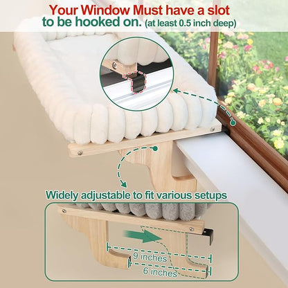 Zakkart SnugCloud Cat Window Perch with 4-Sided Bolster - Large Cat Hammock for Window Sill - Solid Hardwood & Metal Frame - Window Seat for Pets (Natural Color Wood w/Gray Bed, Large)