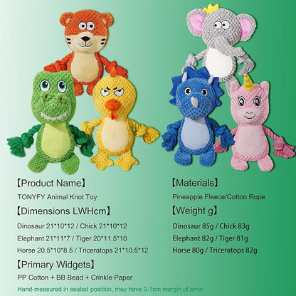 Cute Animals Interactive Squeaky Dog Toy with a Vocal Bladder, Crinkle Paper Stuffed Soft Cotton Chew Toy, Teething Rope Tug of War Pull Toy to Keep Them Busy for Puppy, Small Dogs - Green T.Rex