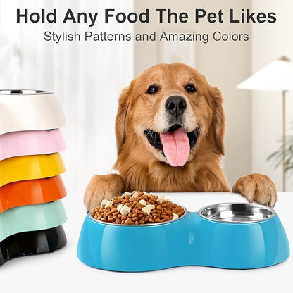 Double Dog Bowls and Food Bowls,Includes Small (4 fl oz) & Medium (10 fl oz) & Non-Slip Resin Station,Pet Feeder for Puppy Medium Dogs Cats - Blue