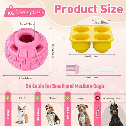 Interactive Dog Frozen Treat Toys, Dog Puzzle Enrichment Ball to Keep Them Busy, Slow Food Training, Durable Rubber Chew Dispensing Toy, Freezable Fillable Ball, for Small Medium Large Dogs (Pink)