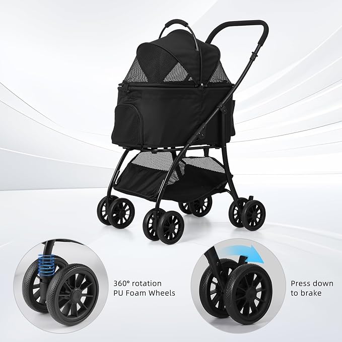 Pet Stroller Quickly Folds for Easy Storage Cat Stroller with Detachable Carrier Thickened Oxford Cloth Breathable Basket Dog Strollers for Small Dogs (Grey)