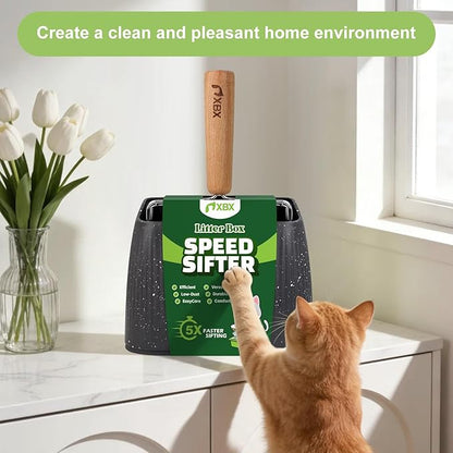 XBX Cat Litter Scoop with Holder, Heavy Duty Litter Sifter, Stainless Steel Litter Shovel, Litter Scooper with Beech Wood Grip and Washable Stand, Perfect for Cat Litter Box Cleaning