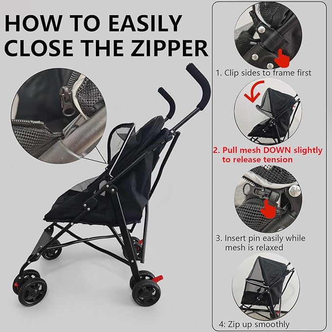 Pet Stroller with Mesh Ventilation, Lightweight Foldable Design, Cup Holder, Black