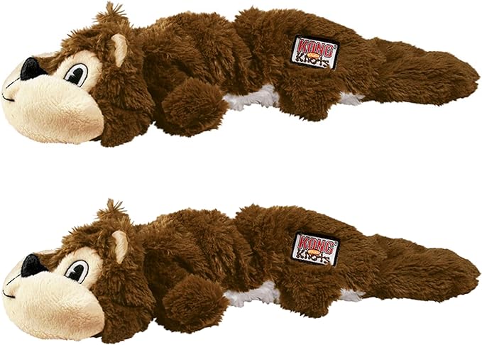 KONG Scrunch Knots 2 Pack Dog Toy – Stuffing-Free Plush with Internal Knotted Ropes & Squeaker – Durable Tug & Chew Toy (Squirrel, Medium/Large)