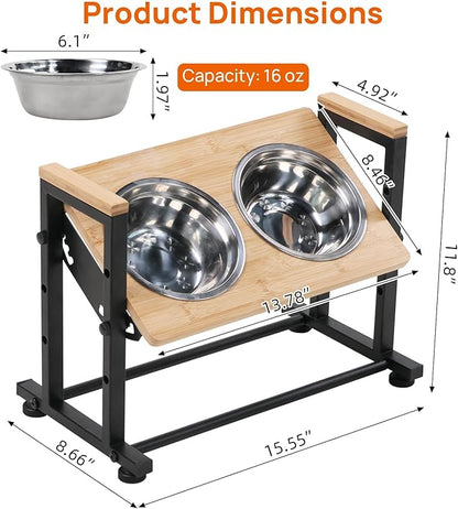 Adjustable Height Pet Feeder Stand with 2 Dishwasher-Safe Stainless Steel Bowls – Natural Wood Top & Black Metal Frame Elevated Food/Water Station for Dogs/Cats Under 66LBS