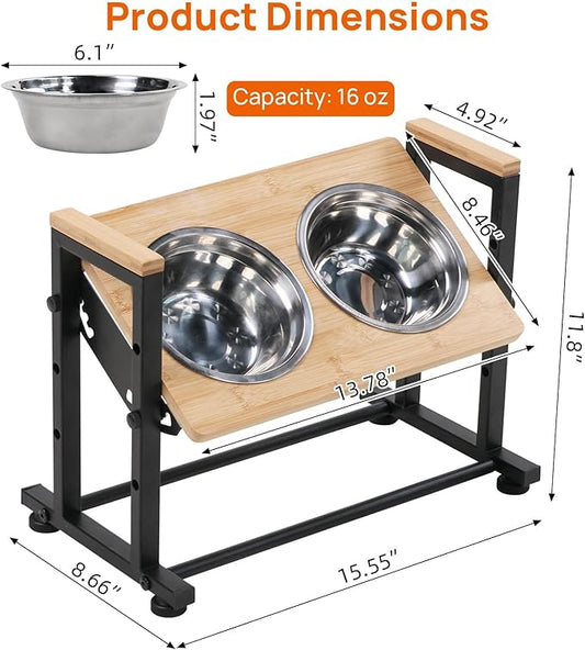 Adjustable Height Pet Feeder Stand with 2 Dishwasher-Safe Stainless Steel Bowls – Natural Wood Top & Black Metal Frame Elevated Food/Water Station for Dogs/Cats Under 66LBS