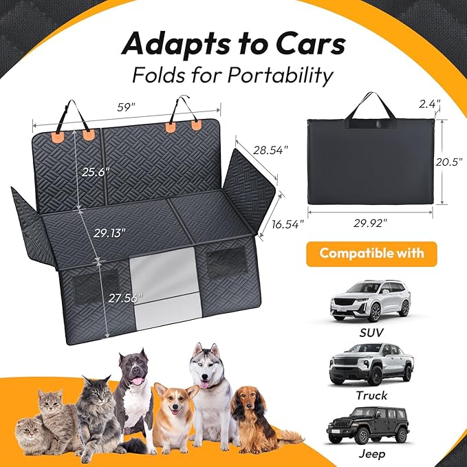 Dog Car Seat Cover for Back Seat-Holds 400lbs, XL Hard Bottom Waterproof Back Seat Extender for Dogs with Mesh Window & Headrest Cover, 600D Heavy Duty Anti-Scratch Dog Hammock for Car, SUV, Truck
