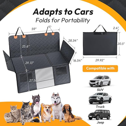 Dog Car Seat Cover for Back Seat-Holds 400lbs, XL Hard Bottom Waterproof Back Seat Extender for Dogs with Mesh Window & Headrest Cover, 600D Heavy Duty Anti-Scratch Dog Hammock for Car, SUV, Truck