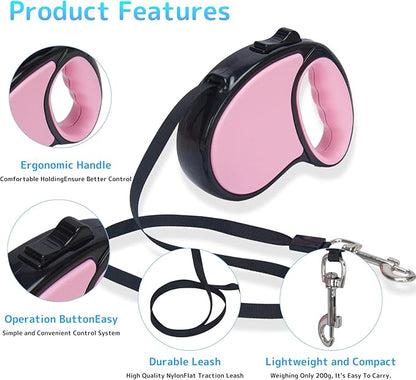 Retractable Dog Leash,16 Ft Dog Retractable Leash,with Anti Slip Handle,Strong Nylon Tape No Tangle,One Handed Brake,Pause,Lock,Suitable for Small and Medium Sized Dogs（Pink）