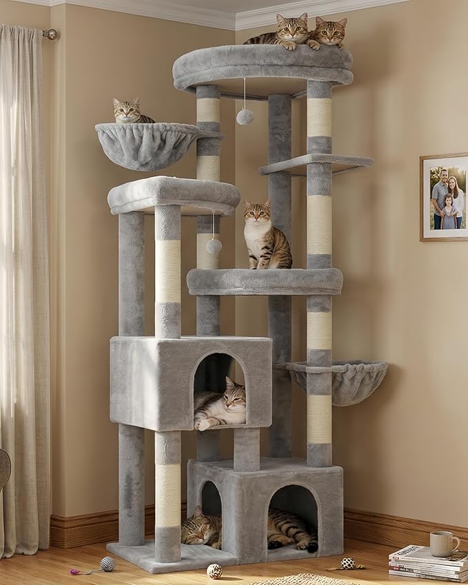 Hey-brother Cat Tree, 67.3 Inches Tower with 3 Soft Platform Beds, 2 Large Condos, 9 Sisal Scratching Posts, 2 Hammocks and Toys, Multi-Level Step House for Multiple Indoor Kittens, Light Gray MPJ084W