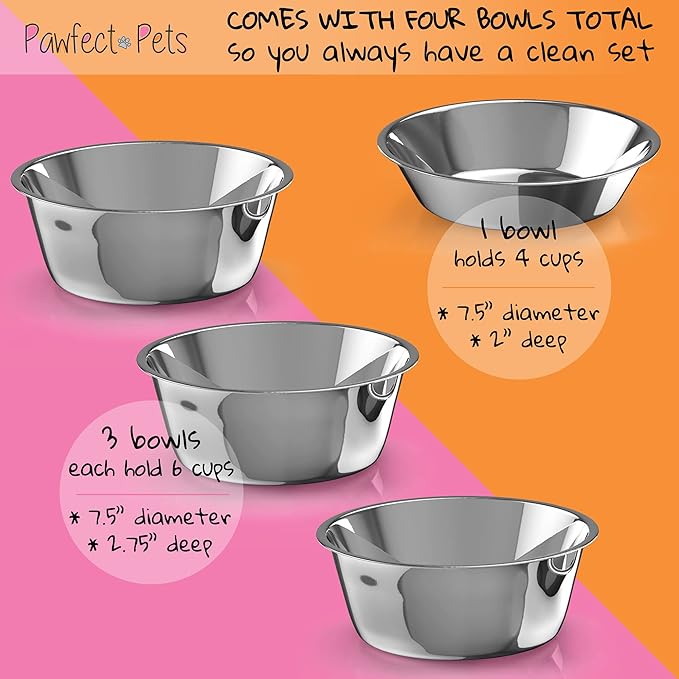 Pawfect Pets Elevated Dog Bowl Stand- 7" Raised Dog Bowl for Medium Dogs. Pet Feeder with Four Stainless Steel Bowls (White)