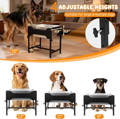 BWOGUE 4 Gal Elevated Large Dog Water Bowl, Raised Stainless Steel Bowl Stand Large Breed, 4 Height Adjustable (9", 11", 13", 15") Non-slip Dog Feeding Station for Joint Pressure Relief Indoor Outdoor