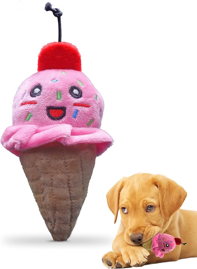 PetSport Tiny Tots Foodies Ice Cream - Ice Cream Dog Toy, Stuffed Animal Toy with Squeaker for Small Dogs, Interactive Puppy Squeaky Plush - 5 Inch