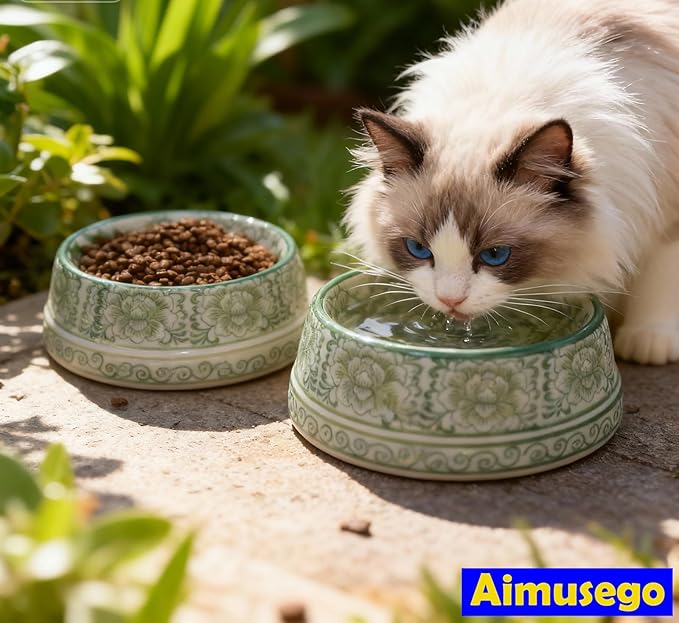 Aimusego Ceramic Cute Dog Cat Bowl for Small Breeds, Handpainted Green & White Heavyweight Durable Pet Food and Water Dish Crock, Dishwasher Safe- 1.5 Cups