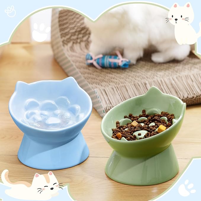 2 Pcs Ceramic Raised Slow Feeder Cat Bowl, 5.91inch Elevated Cat Slow Feeder Bowl Tilted Anti Vomiting for Dry Wet Food and Water Easy to Clean High Edge(Green, Blue)