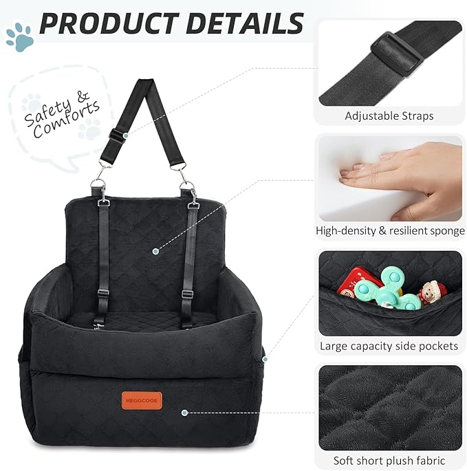 HEGGCOOE Small Dog Car Seat, Memory Foam Dog Booster Car Seats with Thick Cushion for Medium Dogs Under 35lbs, Detachable Washable Dog Bed for Car, Pet Carseat with Storage Pockets,2 Safety Belts
