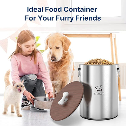 25 Lbs Stainless Steel Dog Food Storage Container with Airtight Wooden Lid & Ceramic Bone Handle, Large Metal Dog Food Bin for Dogs & Cats, Keep Fresh, Easy to Clean