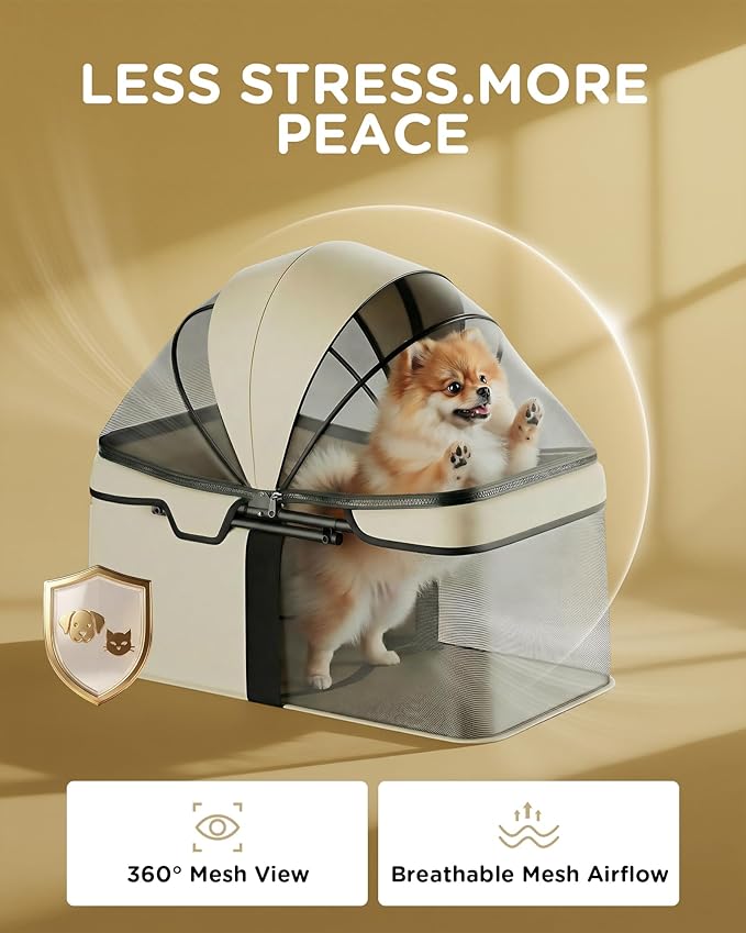 GTPLAYER Foldable Pet Stroller for Small Dogs and Cats, Holds Up to 33 lb, 4-Wheel Stroller with 2 Safety Tethers, Breathable Mesh, Lockable Front Wheels, Cup Holder/Tray & Storage Pocket, Ivory