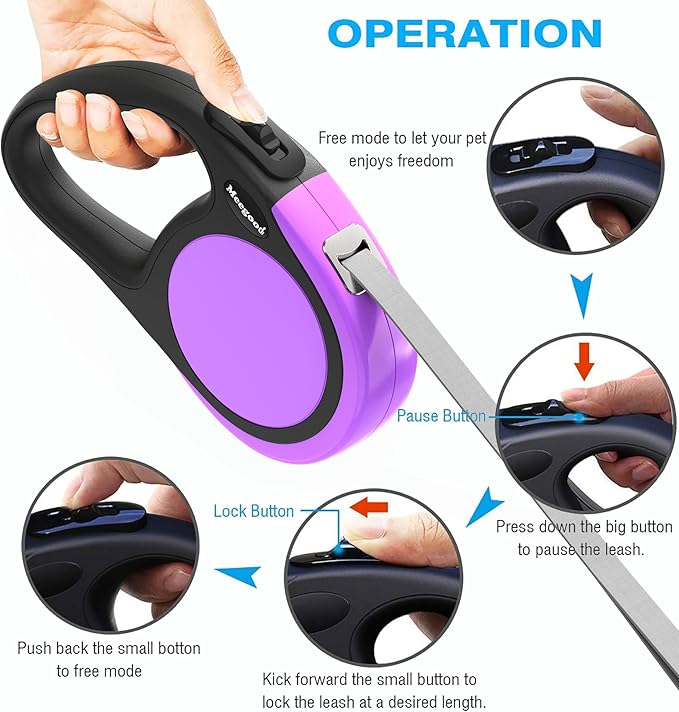 Double Retractable Dog Leash for Two Dogs Up to 50 lbs - 16 ft Coupler Leashes for Small Medium Dogs - One Locked System, Non Slip Grip, Tangle Free (Purple)