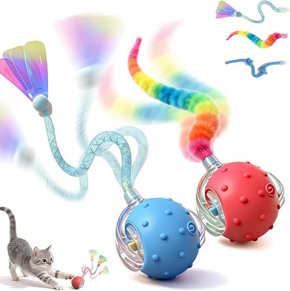 2-Pack Interactive Cat Toys for Indoor Cats with 6 Tails - Automatic Moving & Chirping Balls, Self Play Toy for Playful Kittens & Bored Cats Home Alone (Red+Blue)