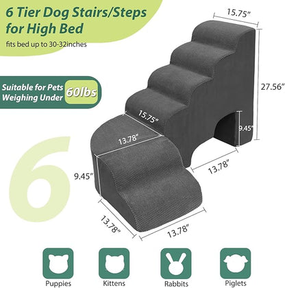 6 Tier Dog Stairs/Steps for High Bed, 27.5”H Non-Slip Pet Stairs Adjust to Left Side of Bed, Pet Steps for Small Dogs, Old Pets, and Injured Dogs, Dark Gray