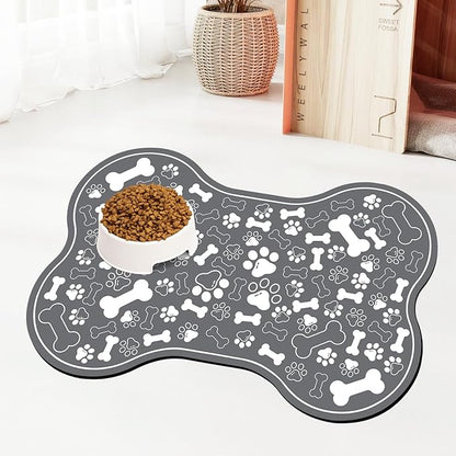 Dog & Cat Food Mat Bone Shaped Pet Feeding Mat Quick Absorb Water Bowl Placemat with Rubber Backing Indoor Floor Stain Resistant Pet Accessory Supplies (Dark Gray, 16x24 Inches)