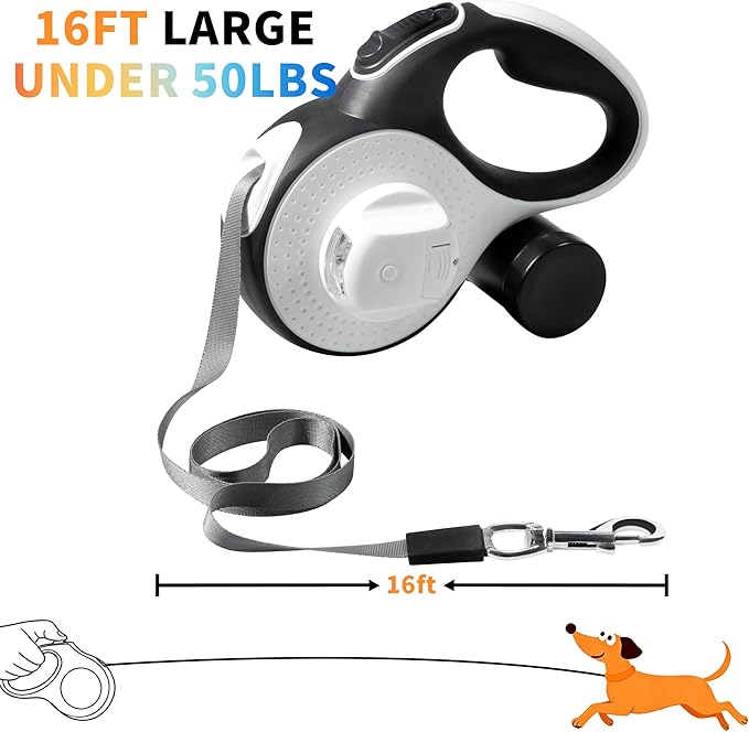 360° Tangle-Free Retractable Dog Leash 16 ft Heavy Duty Reflective Nylon Tape for Small to Medium Dogs Up to 60lbs,Soft Grip,Lock,Medium Size,White