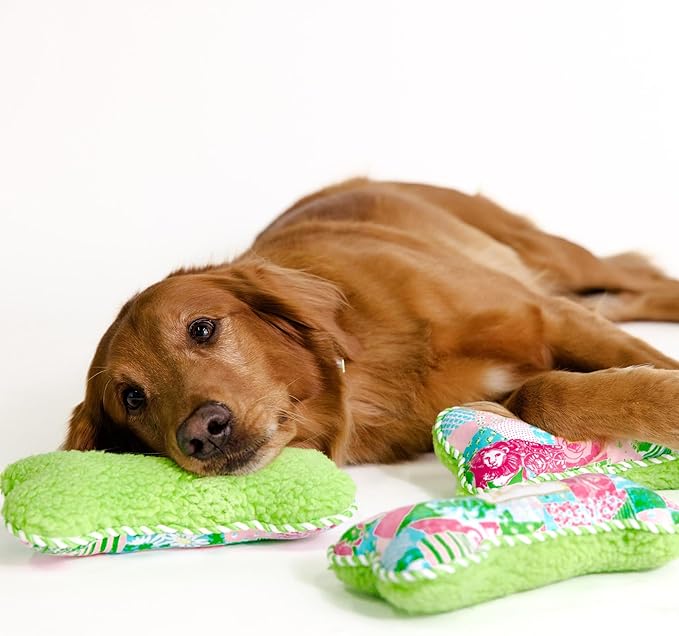 Lilly Pulitzer Dog Chew Toy, Bone Shaped Soft Plush with Fiber Fill, Double-Stitched Durability, Two-Way Squeaker, Embroidered Logo (Crazy Quilt Home)