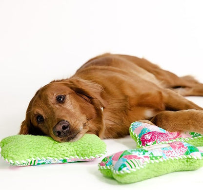 Lilly Pulitzer Dog Chew Toy, Bone Shaped Soft Plush with Fiber Fill, Double-Stitched Durability, Two-Way Squeaker, Embroidered Logo (Crazy Quilt Home)
