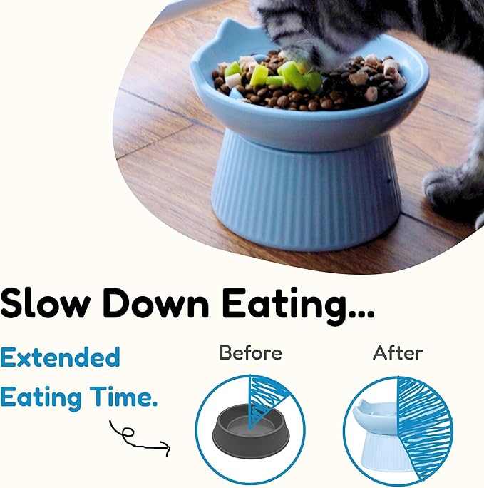 Unbreakable Raised Slow Feeder Bowl for Cats and Small Dogs, Elevated Cat Bowls, Detachable Slow Feede Bowl, Heavy Weighted, Non-Slip Feeder, Dry & Wet Food, Whisker Friendly (Blue; 6.2'')