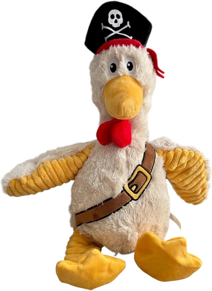 Pirate Chicken Dog Toy – 18 Inch Plush Squeaky Dog Toy with Internal Rope, Durable Crinkle Wings, Soft Stuffed Interactive Toy for Medium & Large Dogs – Funny Durable Pet Toy (White)