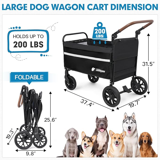Dog Wagon for Medium Large Dogs up to 200lbs, All Terrain Foldable Large Pet Stroller with Ramp, Dog Wagon Cart with Adjustable Handle & One-Step Brake(Black)