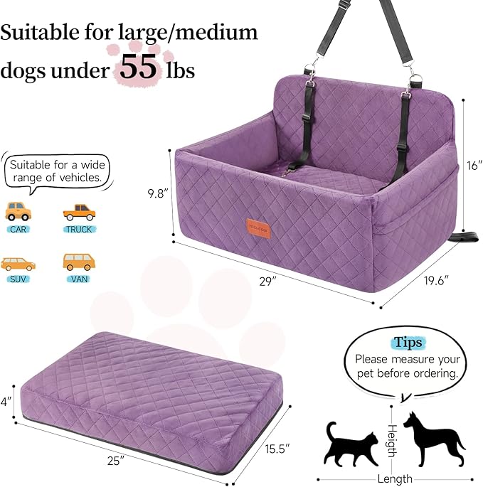 HEGGCOOE Dog Car Seat for Medium/Large Dogs, Pet Booster Seat for Under 55 lbs or 2 Small Dogs, Detachable & Washable Dog Car Bed for Backseat with 2 Safety Leashes (Purple)