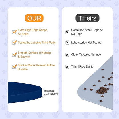 100% Waterproof 0.5" Raised Edge BPA Free Silicone Dog Food Mat, Pet Cat Feeding Mats Contain Spills Protects Floors, Placemats for Cats and Dogs Water Bowl Dishwasher. (Small, Navy)