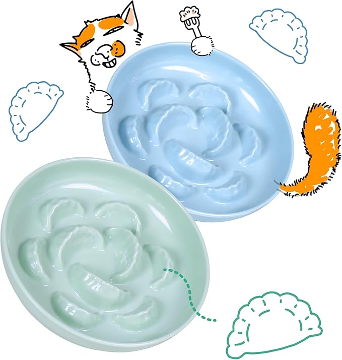 2 Pcs Cat Slow Feeder Bowl for Dry & Wet Food - Unbreakable Melamine Cat Food Plates for Slow Eating - Puzzle Feeder Bowl - Whisker Friendly & Dishwasher Safe & Non Slip Design (Blue + Green)