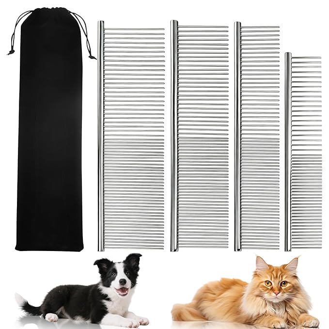 Dog Combs for Grooming Matting, 4 Pack Metal Cat Comb for Removing Tangles and Knots, Professional Dematting Tool for Pet Cats, Greyhound, Poodle, Doodle