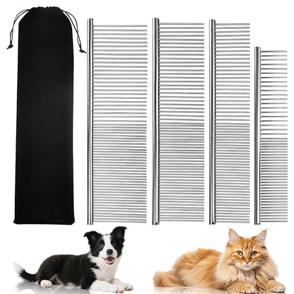 Dog Combs for Grooming Matting, 4 Pack Metal Cat Comb for Removing Tangles and Knots, Professional Dematting Tool for Pet Cats, Greyhound, Poodle, Doodle