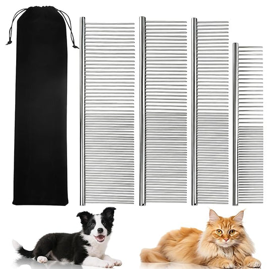 Dog Combs for Grooming Matting, 4 Pack Metal Cat Comb for Removing Tangles and Knots, Professional Dematting Tool for Pet Cats, Greyhound, Poodle, Doodle