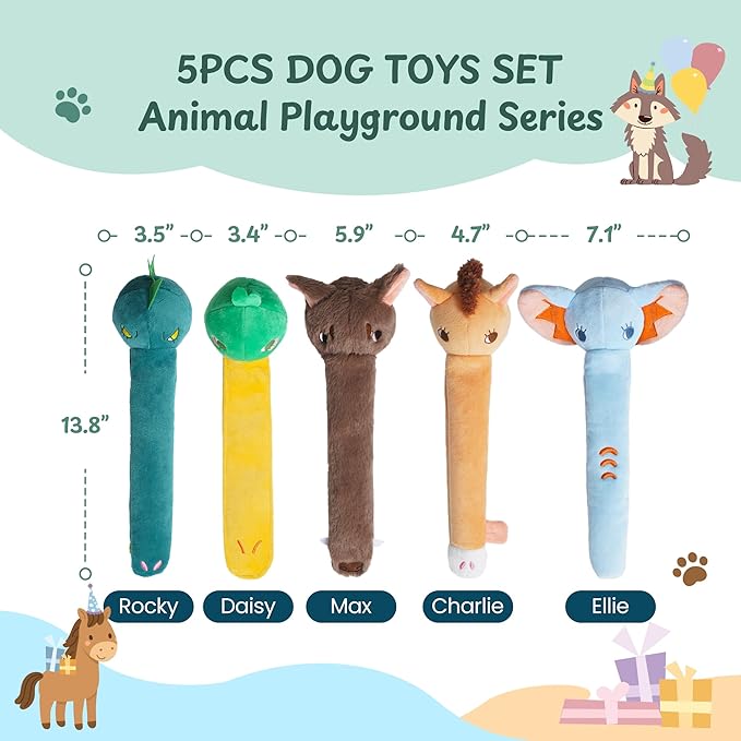 Nocciola Dog Squeak Toys 5pcs, Dog Toys to Keep Them Busy for Aggressive Chewers, Hide and Seek Crinkle Dog Toy for Large Dogs, Long Face Wild Animals Playground Series
