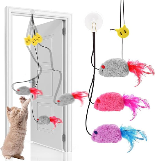 3Pcs Flying Mouse Cat Toys, Interactive Chirping Mouse Cats Feather Toys Hanging Cat String Toy for Bored Kittens Adult Multi Households