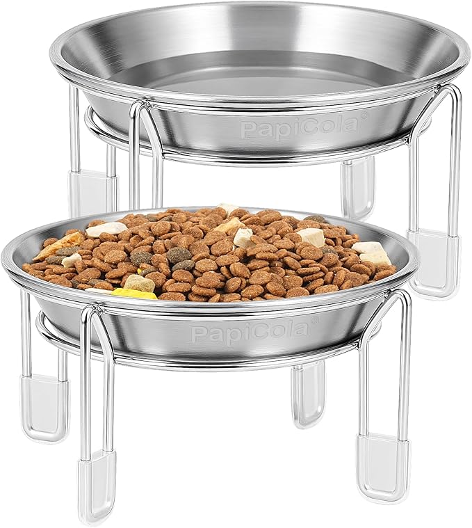 Upgrade Elevated cat Bowl, Raised Stainless Steel Cat Food and Water Dishes, Small Dog Bowl, Whisker Friendly, Anti-Vomiting, Neck Stress-Free, Non-Slip Stainless Steel Stand with 4 Legs- 2Pack