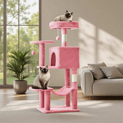 DUMOS Small 44 Inch Cat Tree Tower, Cat Climbing Tower with Natural Sisal Scratching Posts, Hammock, Pet Condo for Indoor Cats and Kittens Play, Pink