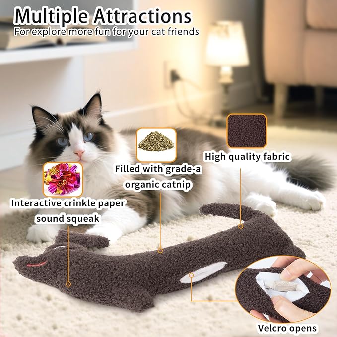 Refillable Catnip Toy for Cats - 13.77 Inch Large Cat Kicker Toy for Indoor Kittens, Crinkly Sound Interactive Kitty Toy Teeth Cleaning Fun